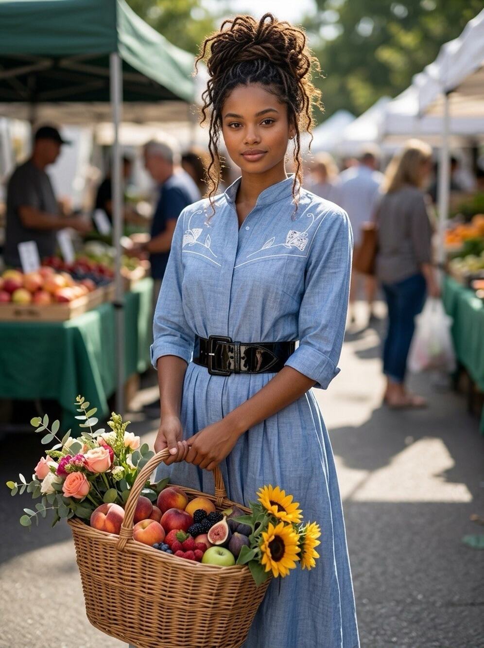 Vintage Embroidered Chambray Swing Dress | Shoulder Pads | Cottagecore | USA